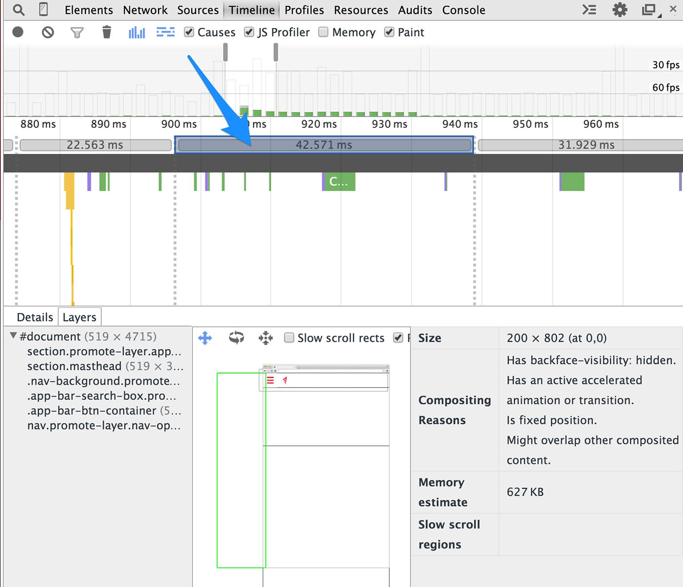 Screenshot del visualizzatore frame in Chrome DevTools