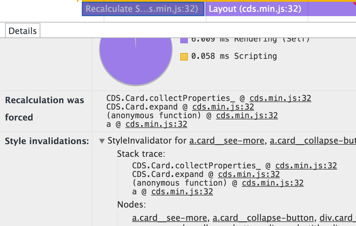 Chrome DevTools の Invalidation Tracking のスクリーンショット。