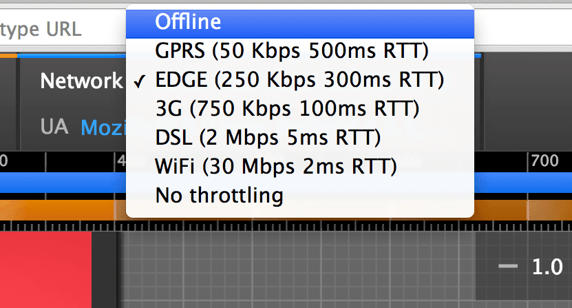 Screenshot of network throttling in Chrome DevTools.