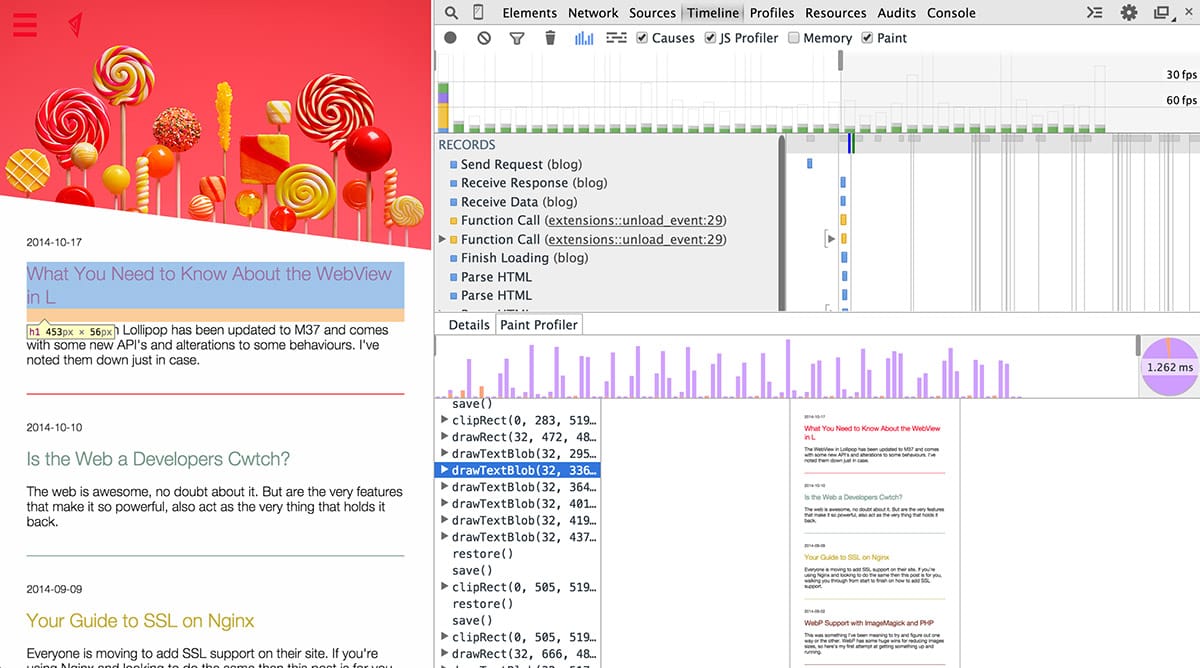 Screenshot del Profiler di colorazione in Chrome DevTools.