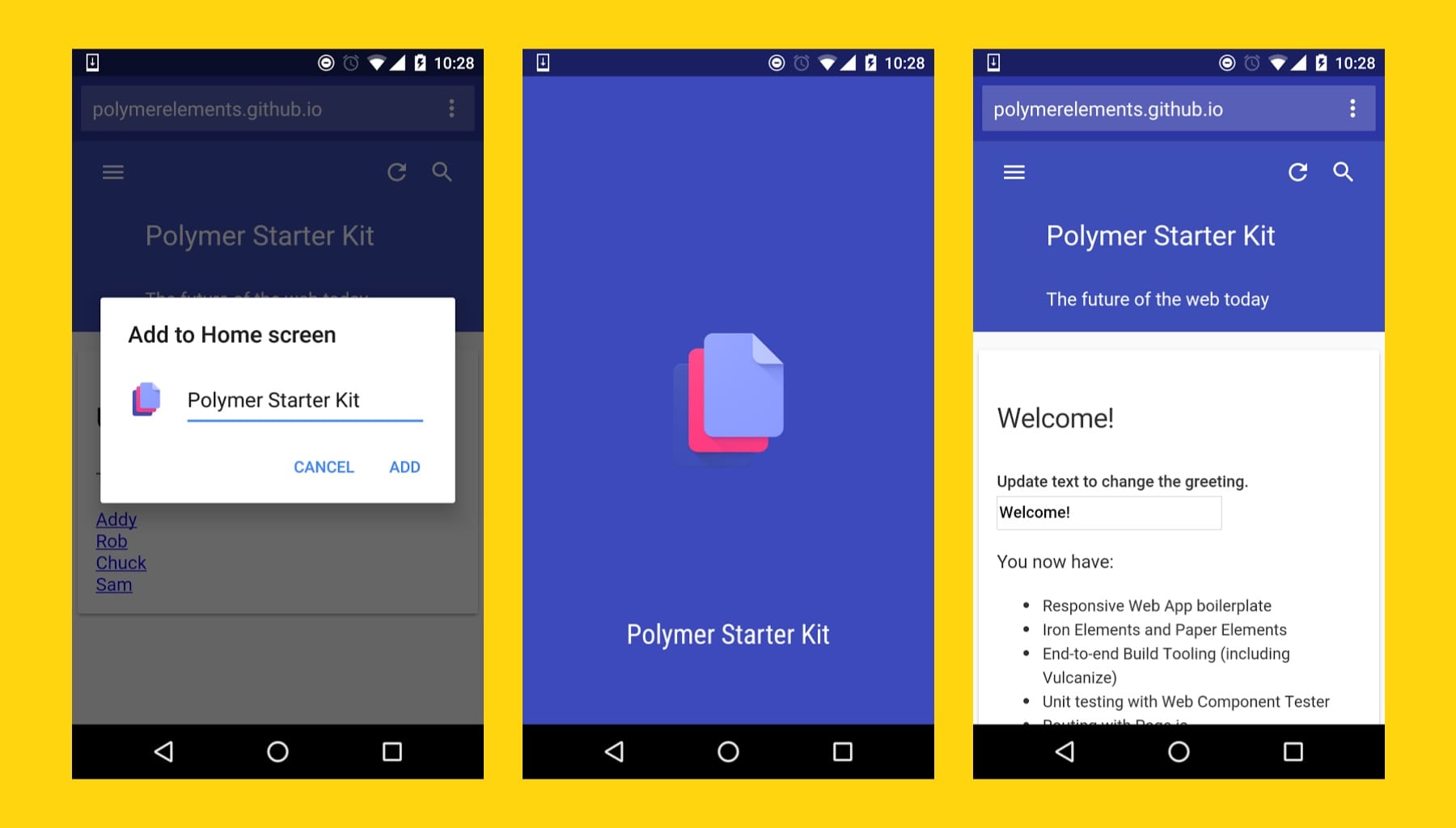 Kit do iniciante no Polymer que exibe recursos integrados do Progressive Web App