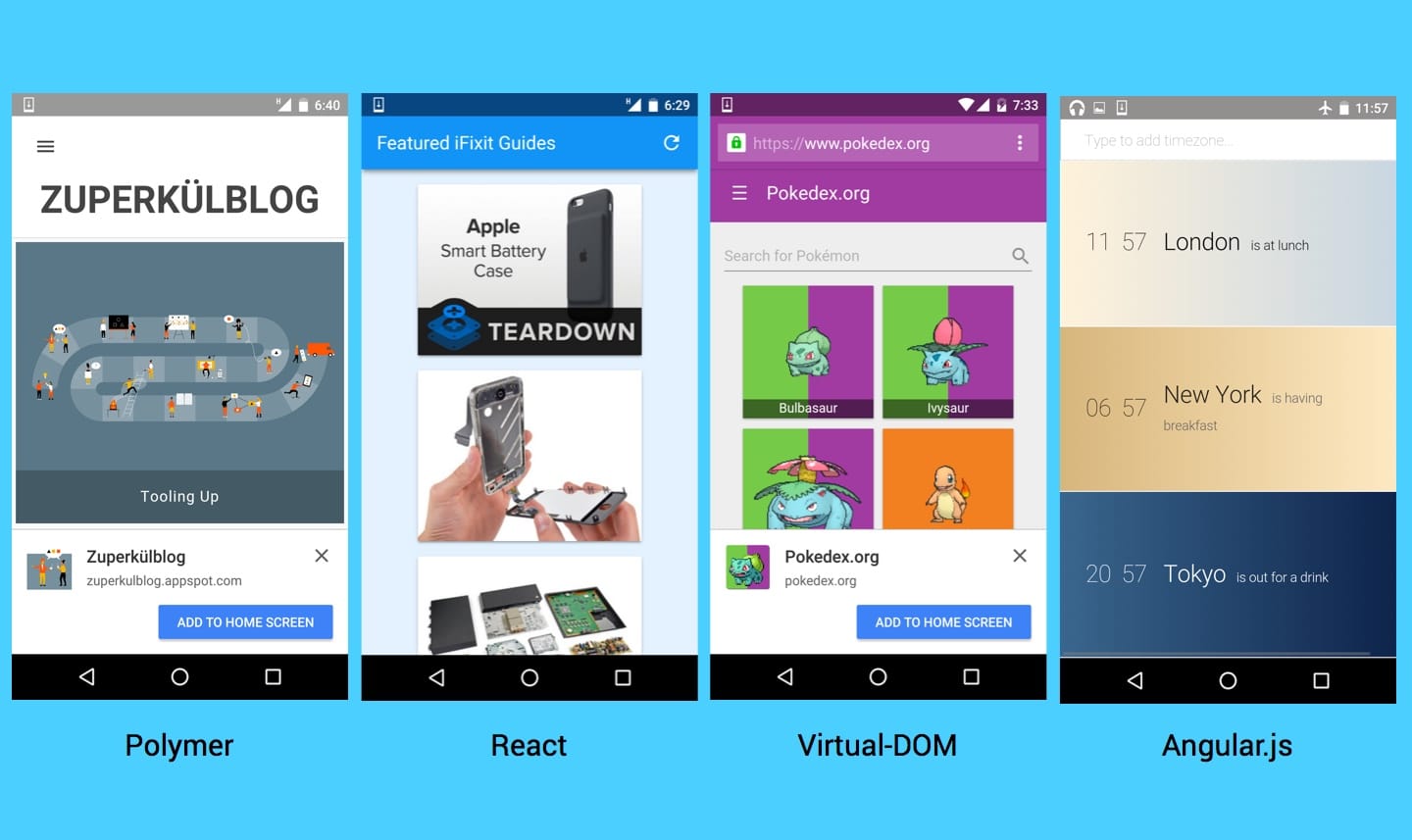 React, Polymer, 가상 DOM, AngularJS를 사용하여 구현된 프로그레시브 웹 앱