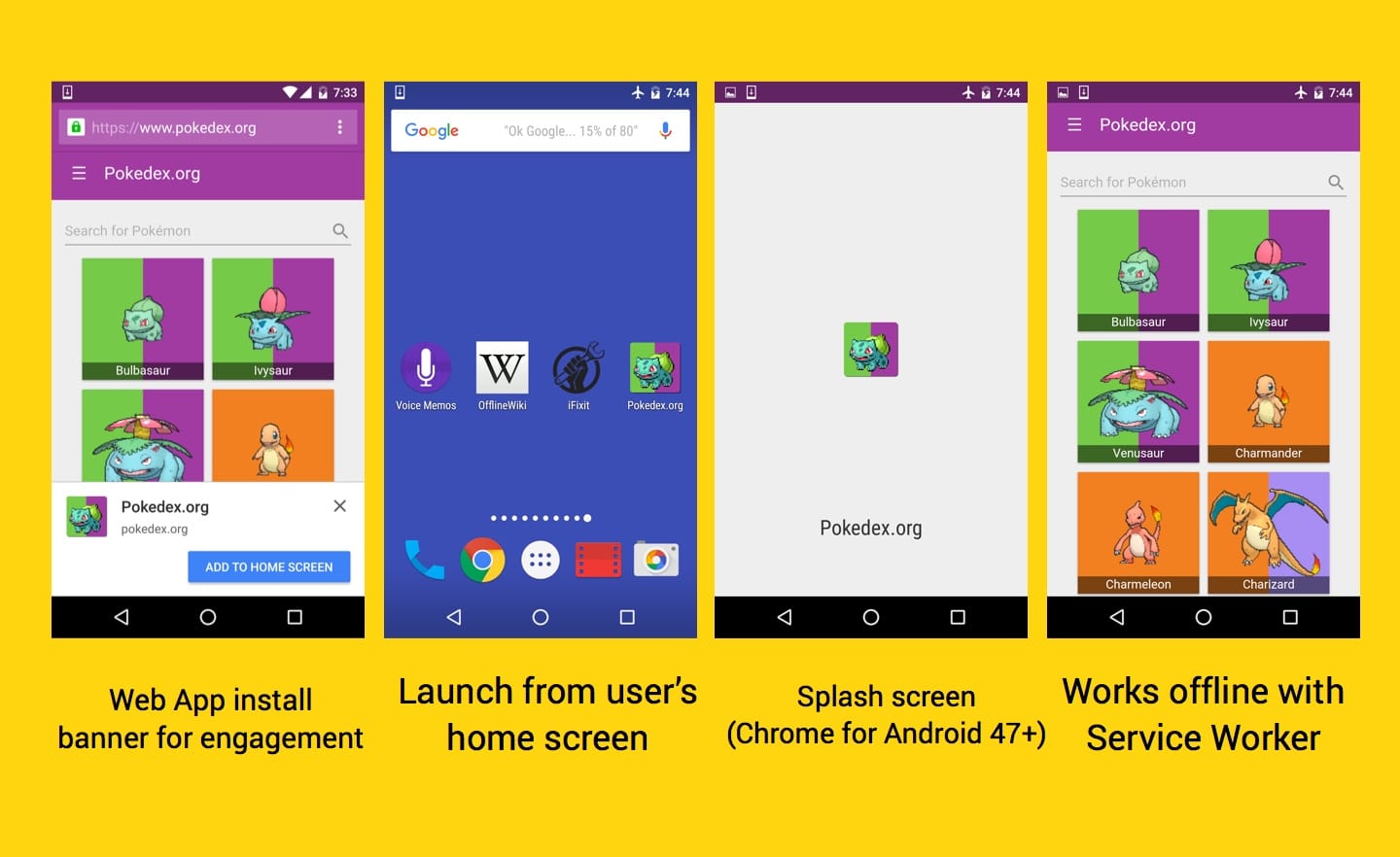 참여를 위한 웹 앱 설치 배너, 사용자 홈 화면에서 실행, Android용 Chrome의 스플래시 화면, 서비스 워커를 통해 오프라인으로 작동