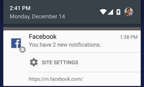 Notification push Web sur le site mobile de Facebook