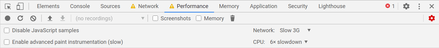 Habilita la limitación de la red y la CPU en el panel Rendimiento.