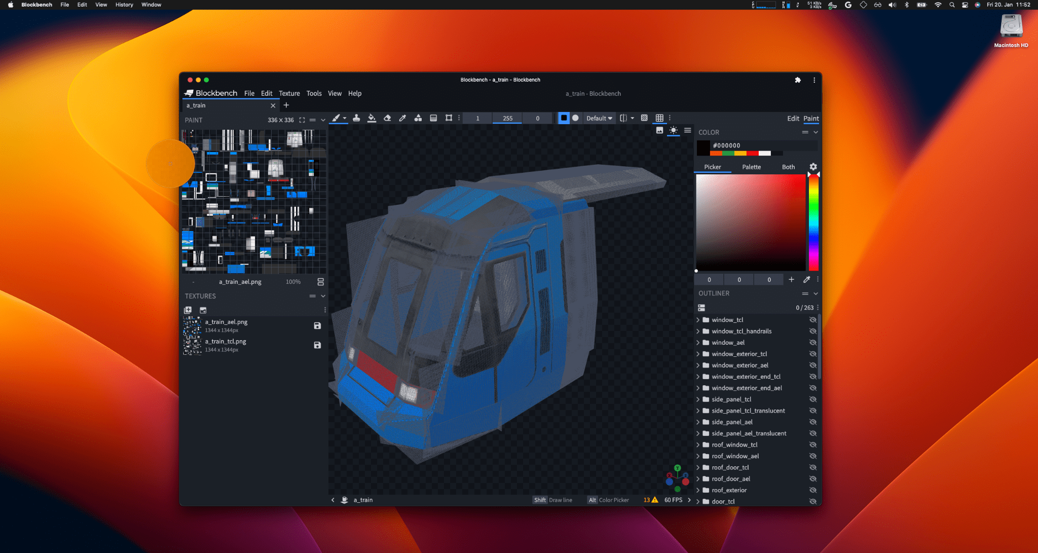 Sélecteur de couleur qui sort de l&#39;application Blockbench et sélectionne une couleur dans l&#39;image d&#39;arrière-plan du bureau.