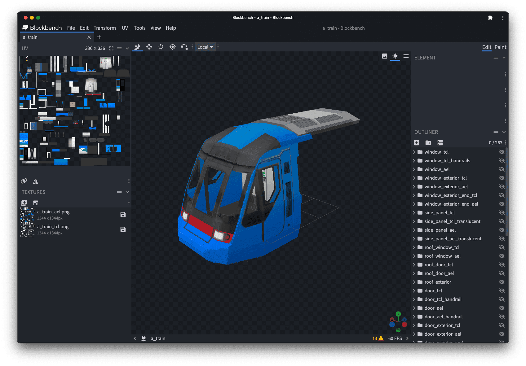 Editing a train model in Blockbench.