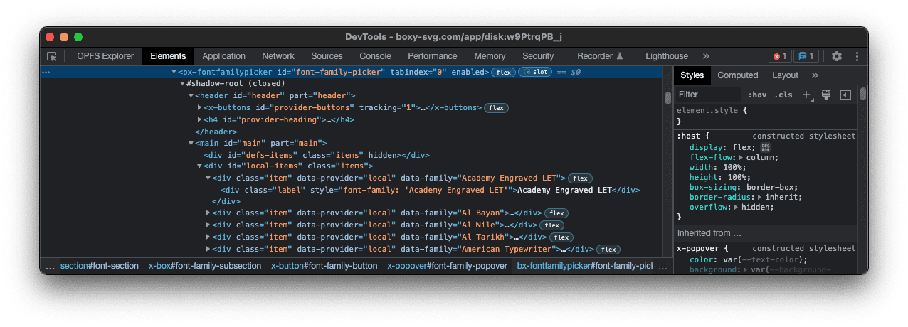 Chrome DevTools के एलिमेंट पैनल में, फ़ॉन्ट पिकर की जांच की जा रही है: यह &#39;bx-fontfamiliypicker&#39; नाम का कस्टम एलिमेंट है.