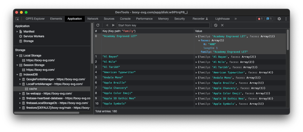 Chrome DevTools Storage section showing the IndexedDB table with the fonts cache.