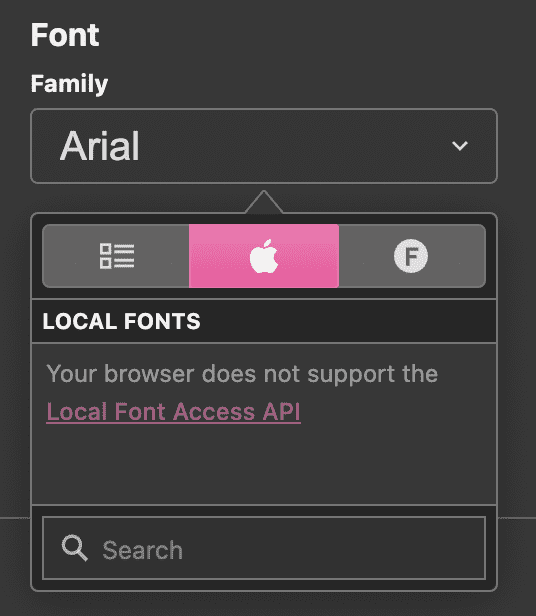 Pemilih font menampilkan pesan &#39;Browser Anda tidak mendukung Local Font Access API&#39;.