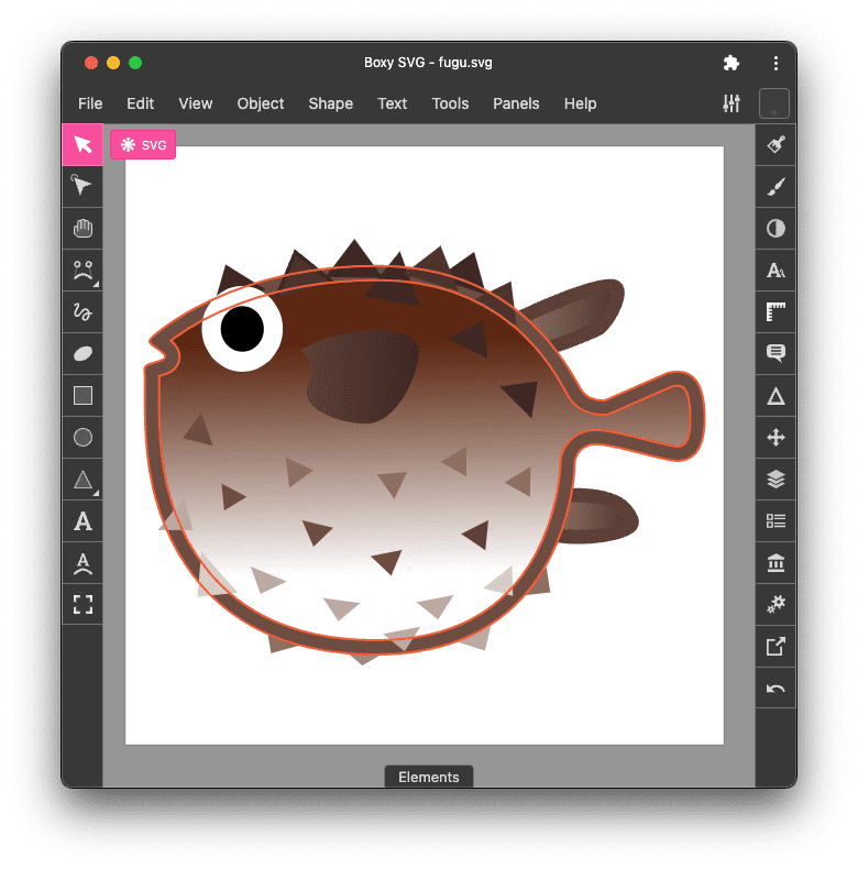 Boxy SVG অ্যাপ প্রকল্প Fugu আইকন SVG সম্পাদনা করছে।