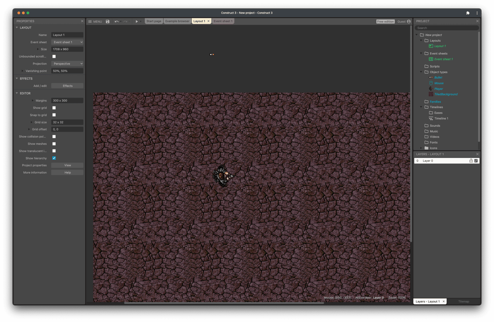 De Construct 3-app laat zien hoe de gebruiker een van de startprojecten bewerkt.