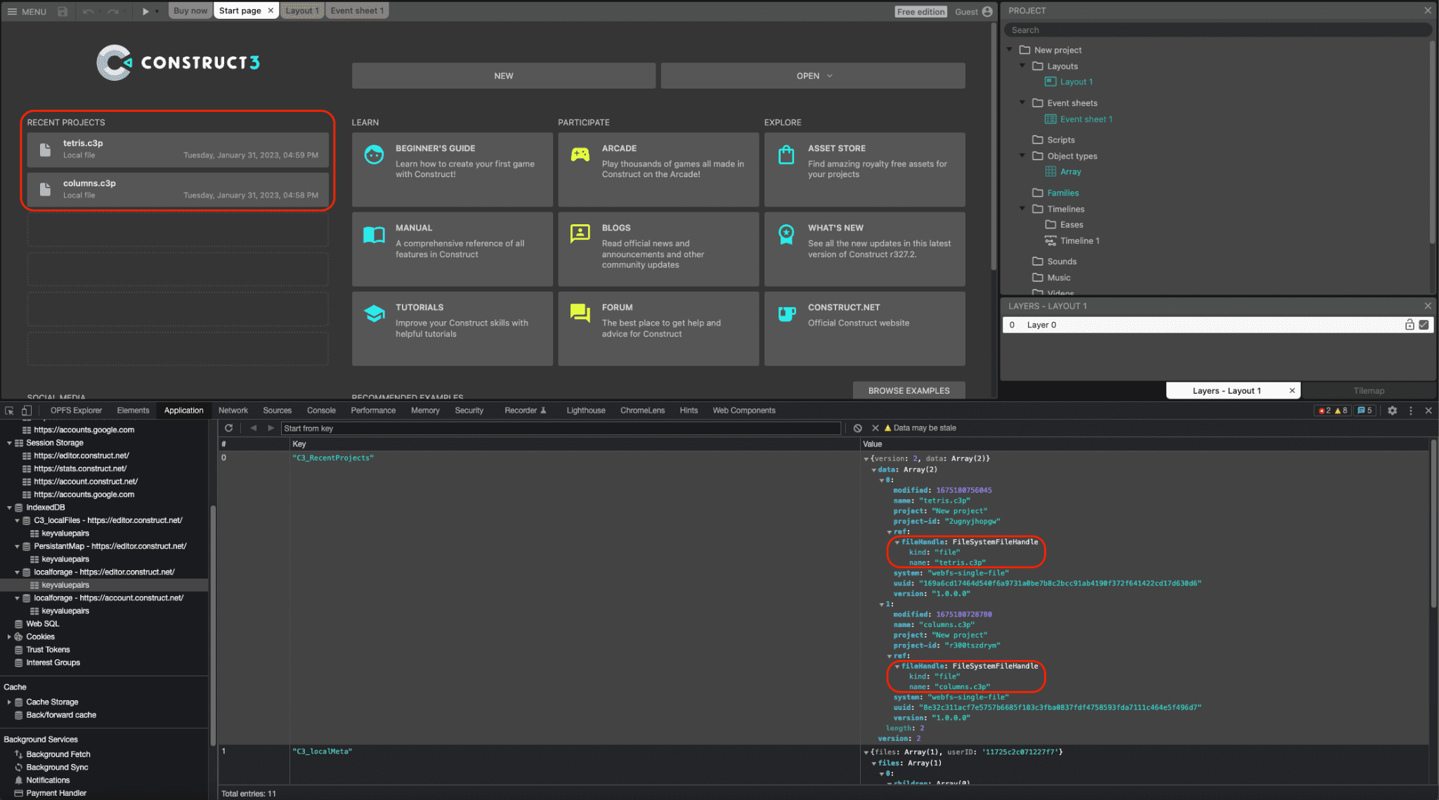 La página principal de Construct 3 con dos proyectos recientes, tetris.c3p y columns.c3p. En la parte inferior de DevTools, se muestran los dos objetos FileSystemFileHandle correspondientes serializados a IndexedDB.