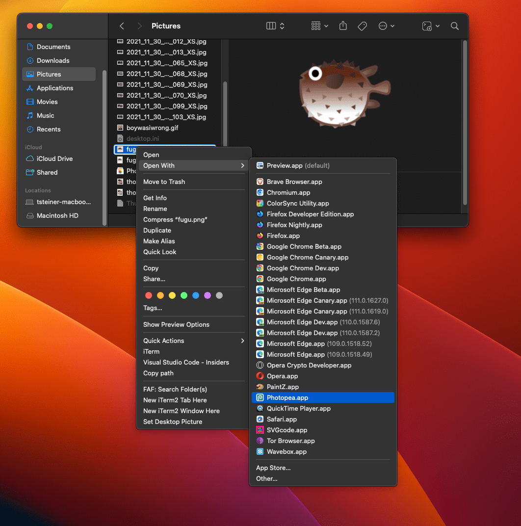 The macOS Finder with the user right-clicking a file and then choosing 'Open with' Photopea.