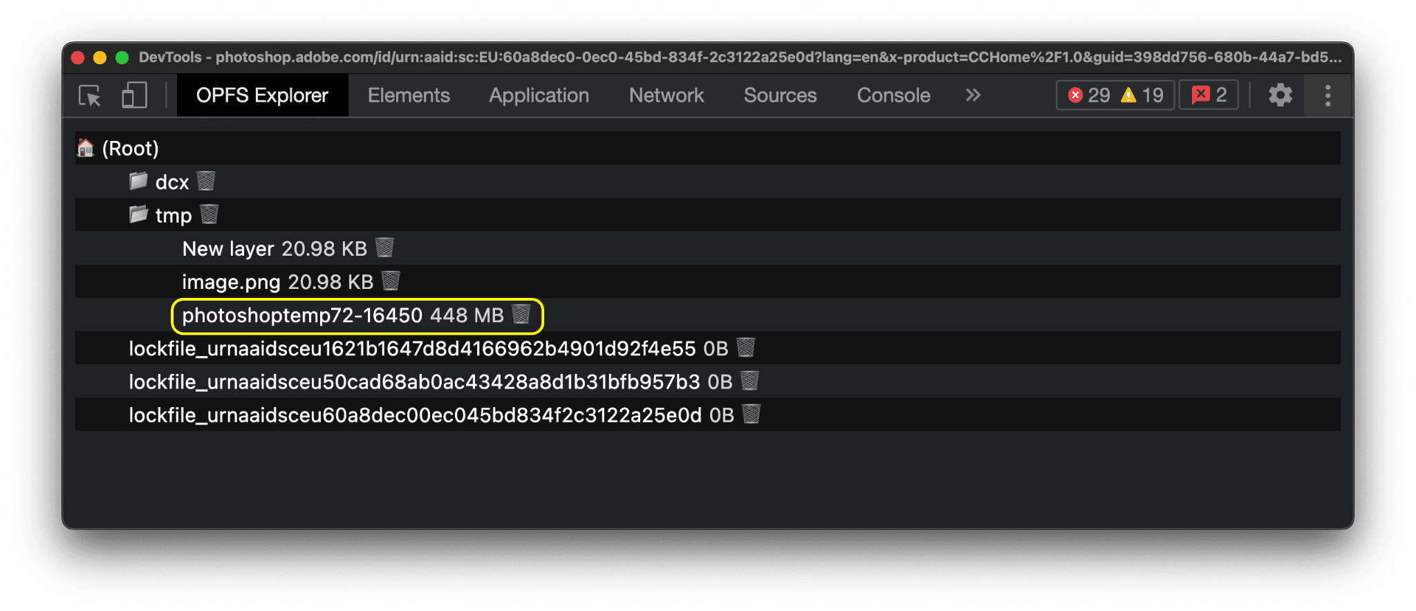 אנחנו בודקים את היררכיית הקבצים הפרטיים של מערכת הקבצים הפרטיים של Photoshop באמצעות התוסף ל-Chrome של OPFS Explorer.