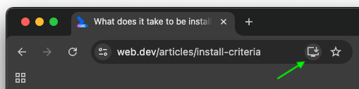 Значок установки в адресной строке настольного браузера Chrome.