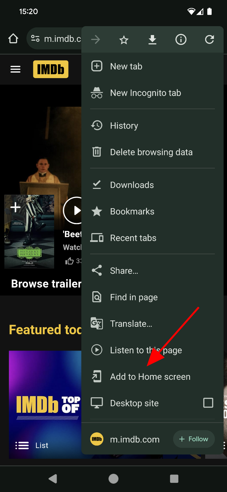 在 Chrome 移动版中，显示了 IMDB 网站的“Add to Home screen”（添加到主屏幕）菜单项。