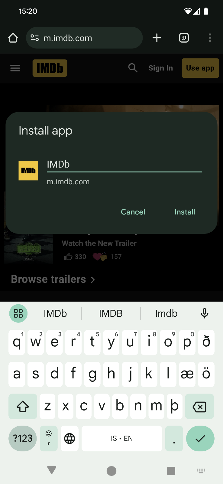 Sitio web de IMDB con el diálogo de instalación de la app.