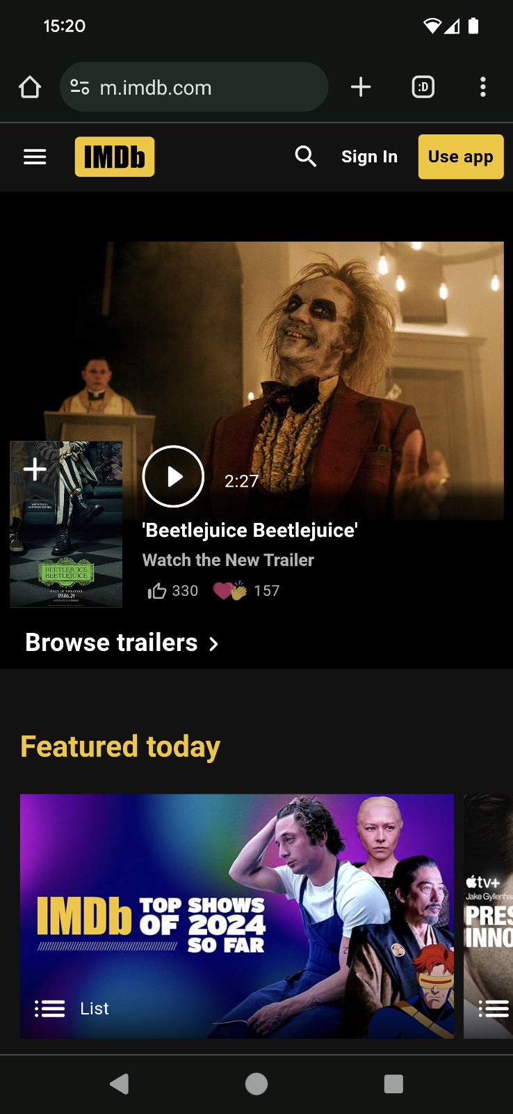 IMDB website on Chrome mobile.