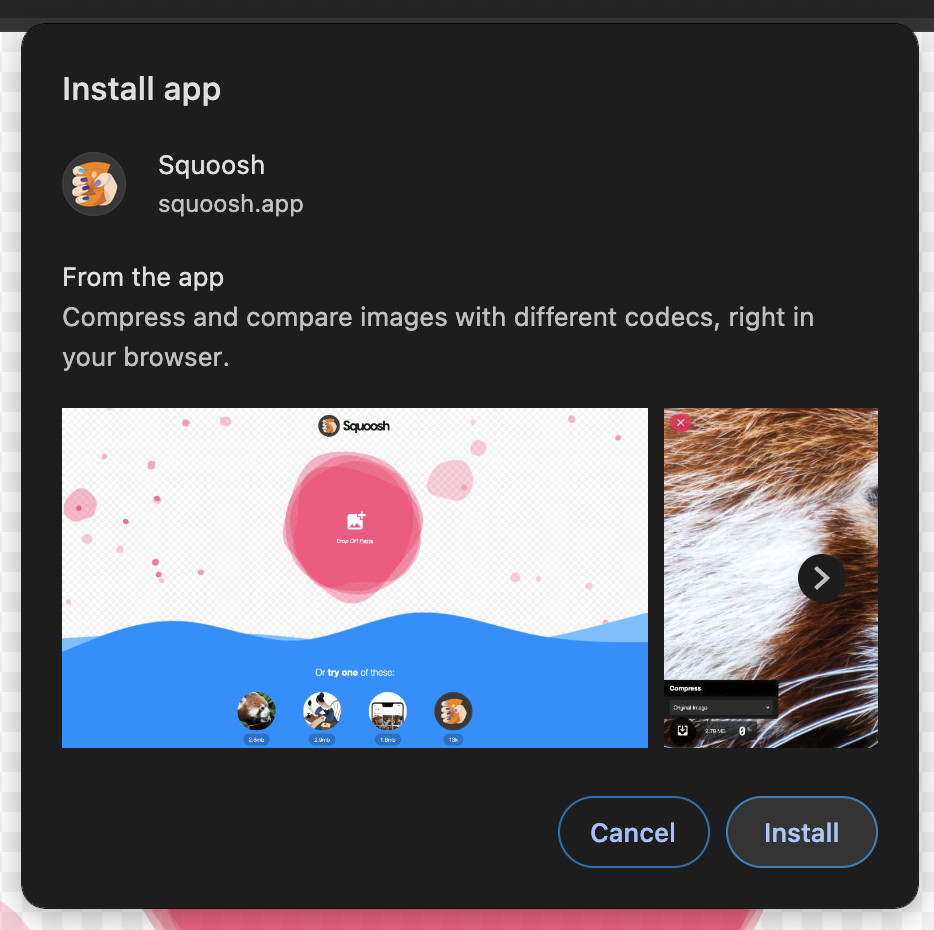 Solicitação de instalação do app Squoosh com capturas de tela.