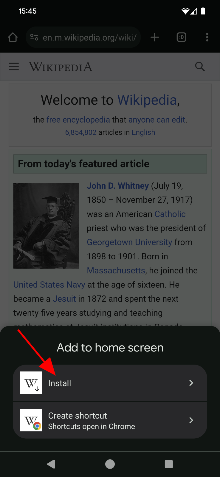 Adicionar à tela inicial no site da Wikipédia.