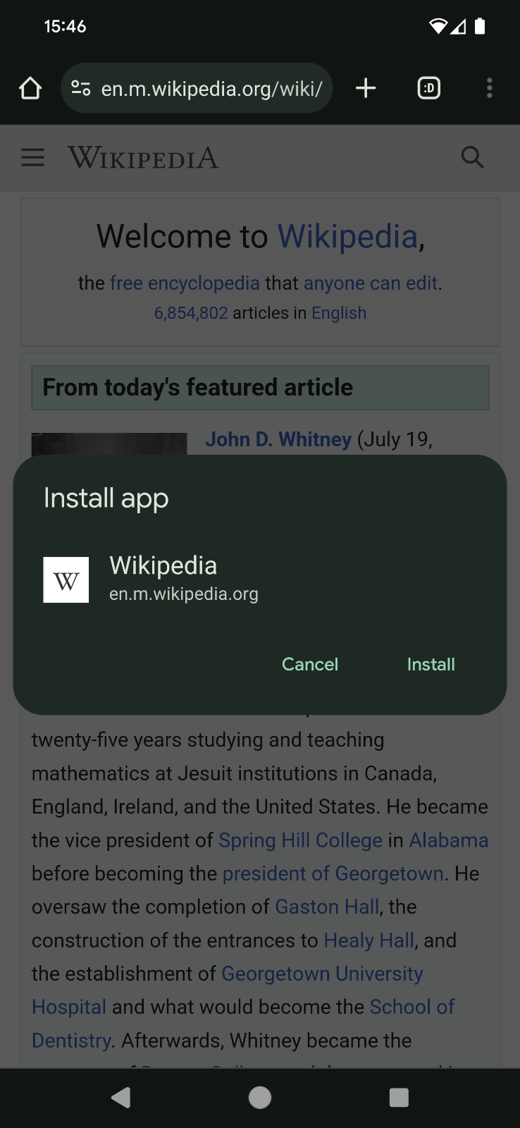 Diálogo de instalación de la app en el sitio de Wikipedia