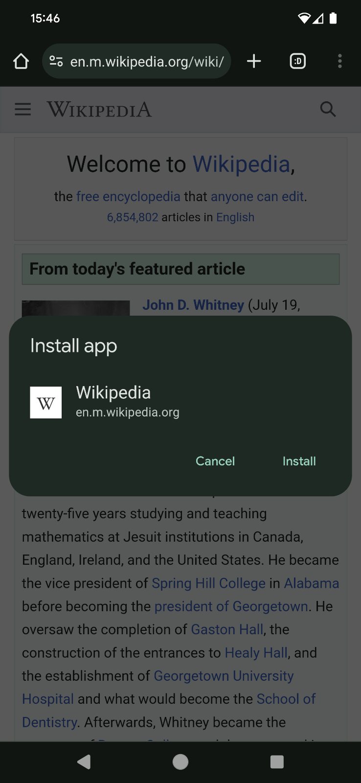 维基百科网站上的“Install app”对话框。