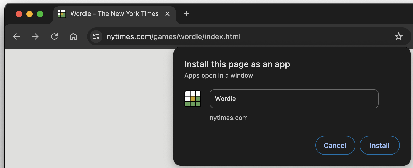 在電腦版 Chrome 中將這個網頁安裝為應用程式對話方塊。