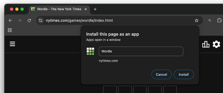 Веб-сайт Wordle с установкой этой страницы в качестве диалогового окна приложения.