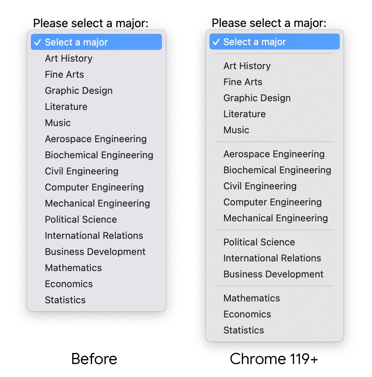 Screenshot of before and after with hr in select. The after image has dividers between groups.