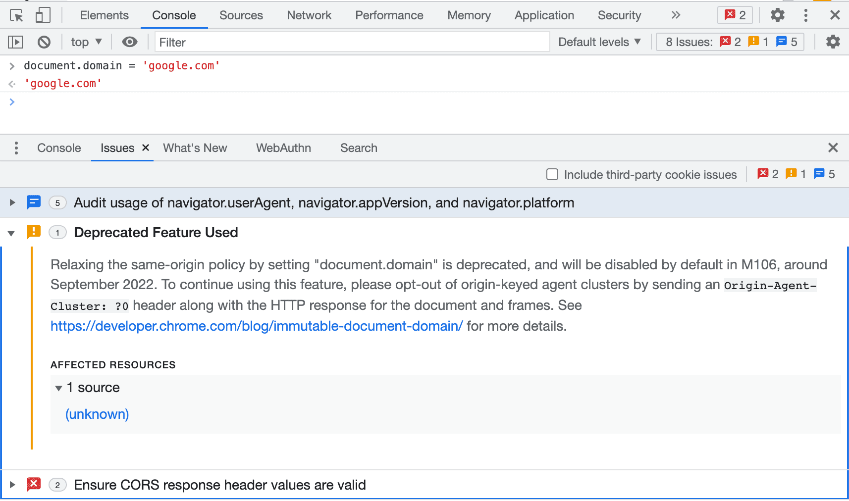 هنگامی که document.domain تغییر می کند، یک هشدار در پانل Issues نمایش داده می شود.