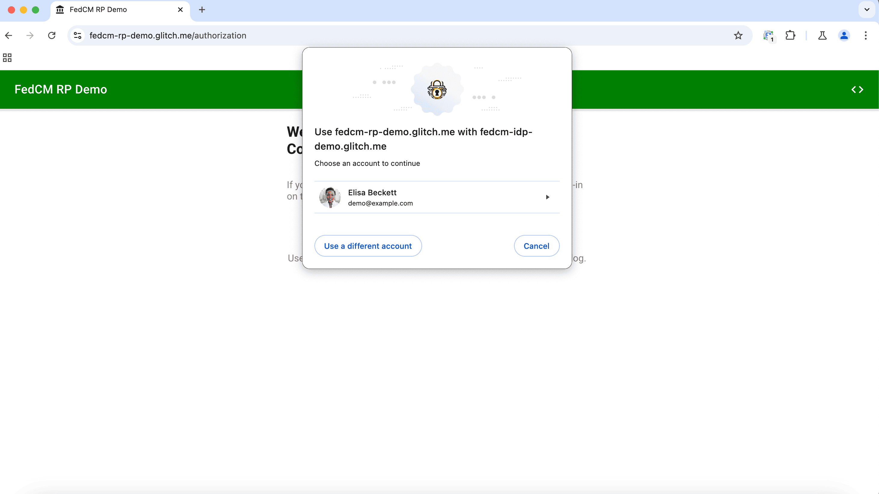 A FedCM sign-in active mode dialog on desktop requesting a user to sign in with their account. The dialog contains a branding icon and options to log inimageto the RP with the current account provided by the IdP, choose a different account, or cancel. The dialog is centered, and it's bigger than the passive mode dialog.