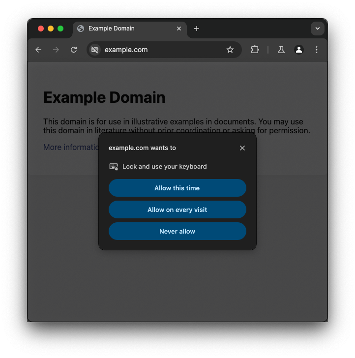 Permintaan izin Keyboard Lock API.