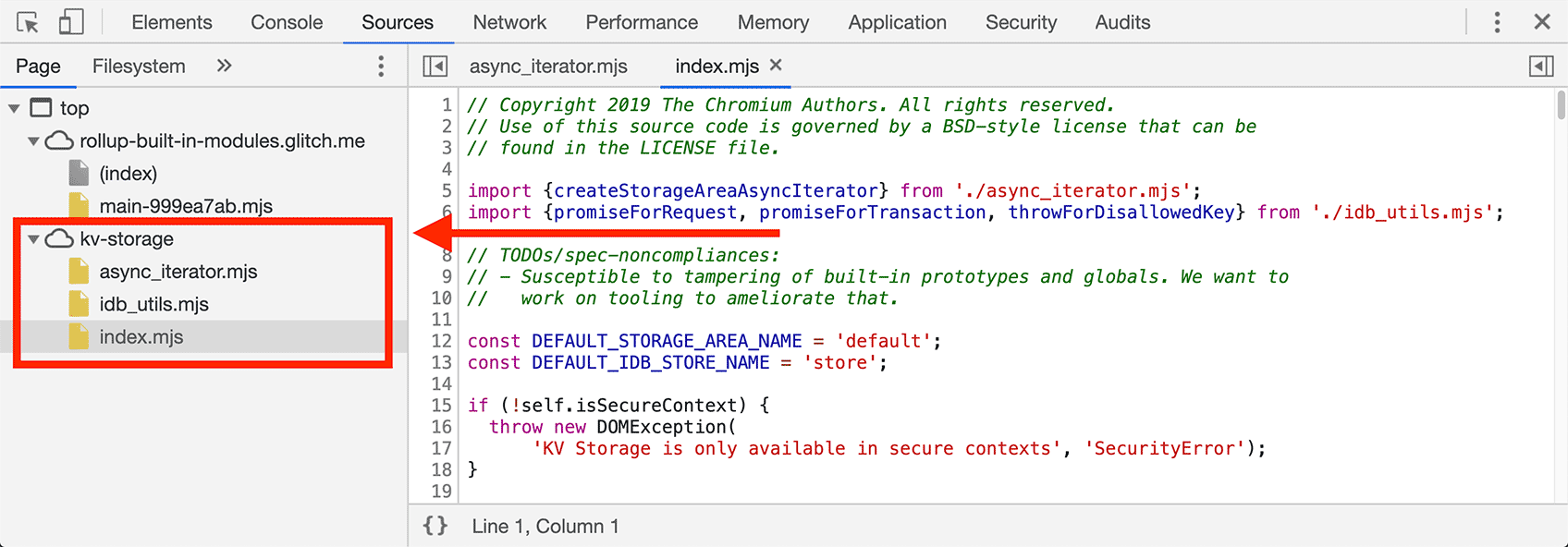 La fuente del módulo de almacenamiento de KV en las Herramientas para desarrolladores de Chrome