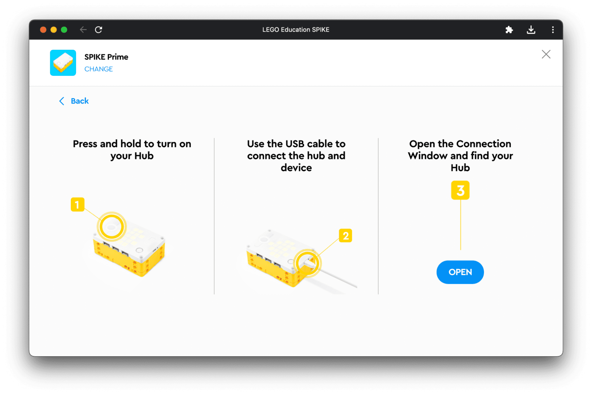 LEGO Education SPIKE ऐप्लिकेशन, जिसमें यूएसबी कनेक्शन से जुड़े निर्देश हैं.