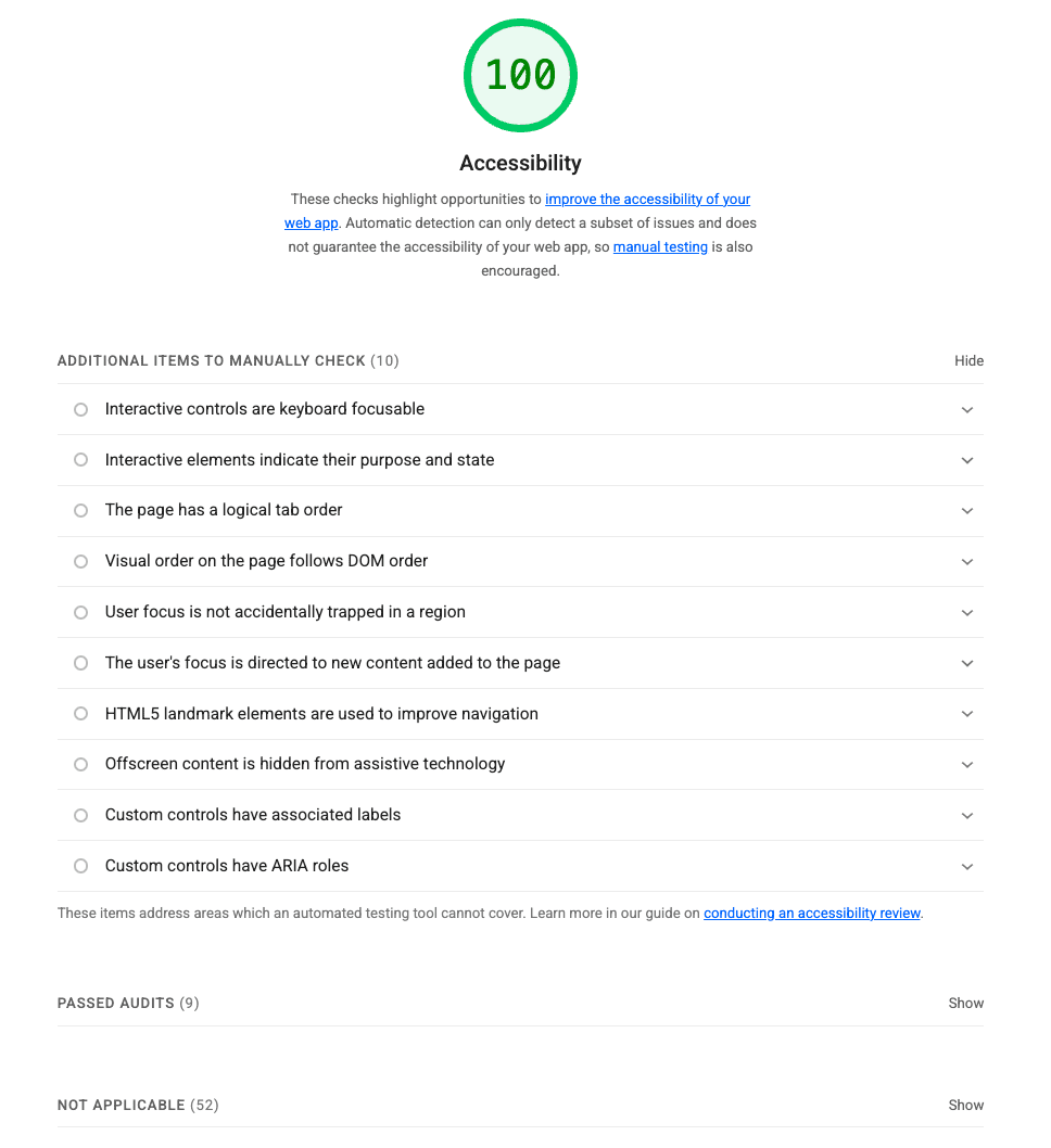 A Lighthouse report showing the manual audits in the accessibility category expanded