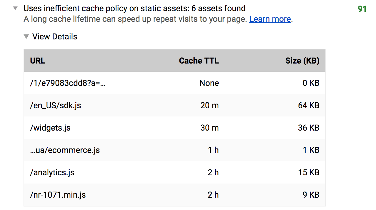 A auditoria &quot;Usar política de cache ineficiente em recursos estáticos&quot;