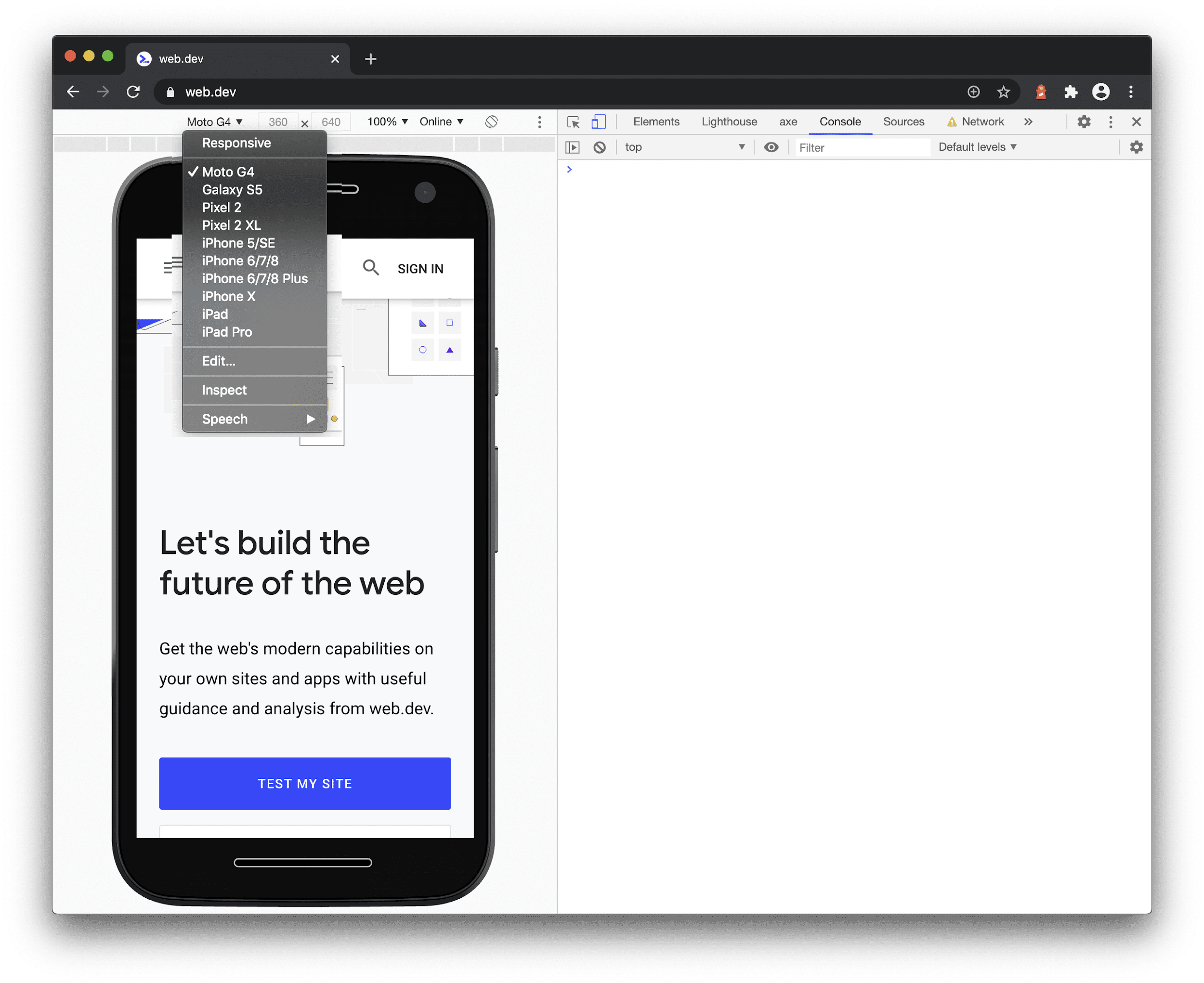 Lista de emulación de dispositivos de las Herramientas para desarrolladores de Chrome con el Moto G4 incluido