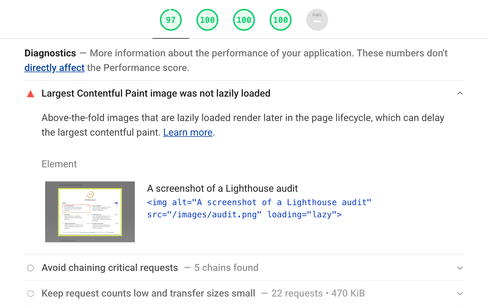 A auditoria de LCP com carregamento lento em um relatório do Lighthouse