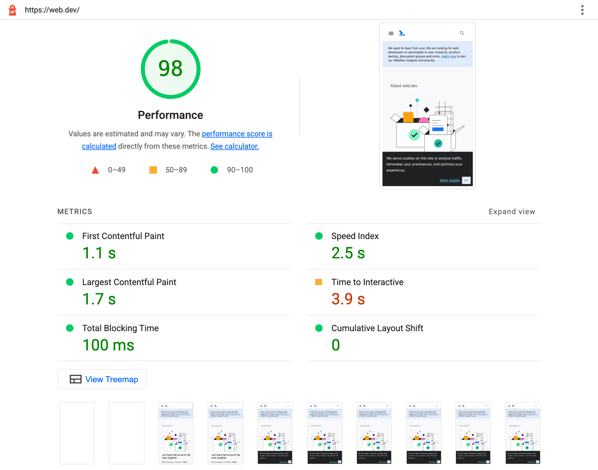 Um relatório do Lighthouse 9.0 que lista as principais métricas de desempenho com mais destaque e incorpora uma captura de tela da aparência final da página no relatório de desempenho