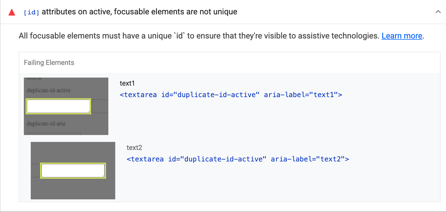 Uma auditoria do Lighthouse para &quot;Todos os elementos focalizáveis precisam ter um ID exclusivo&quot;, mostrando dois elementos, ambos com o mesmo &quot;ID&quot;