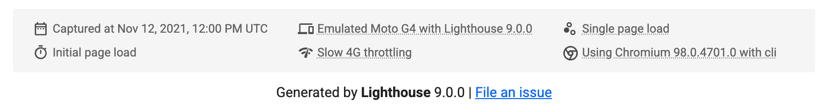 ส่วนการตั้งค่าที่อัปเดตใหม่ในรายงาน Lighthouse ซึ่งตอนนี้มีข้อมูลสรุปสำหรับรายการต่างๆ เช่น เวลาที่บันทึกหน้าเว็บ ประเภทการจำลองหน้าเว็บที่ใช้ และเวอร์ชันของ Chrome ที่ใช้ทดสอบ