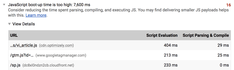 Lighthouse displaying the amount of evaluation,
parsing, and compiling time for scripts on a page.