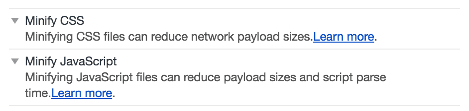 Las auditorías de Reduce el uso de CSS y Reduce el uso de JavaScript.