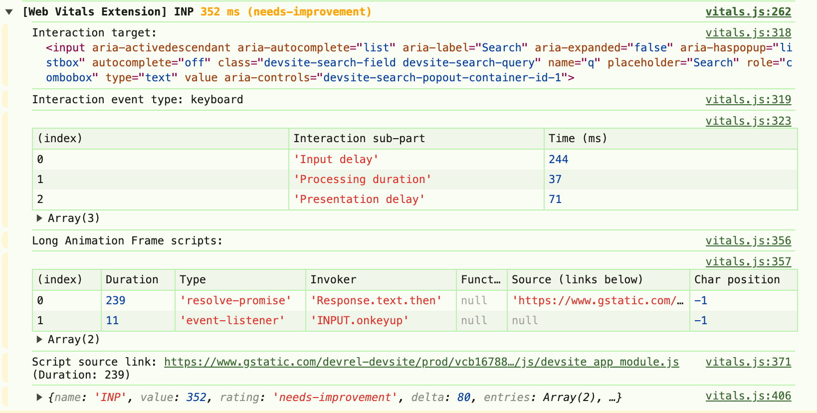 Registro de la consola de la extensión de Métricas web