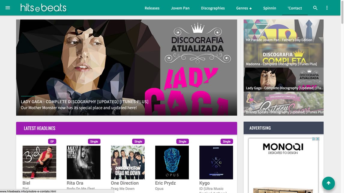 Captura de pantalla del sitio web de Hits E Beats