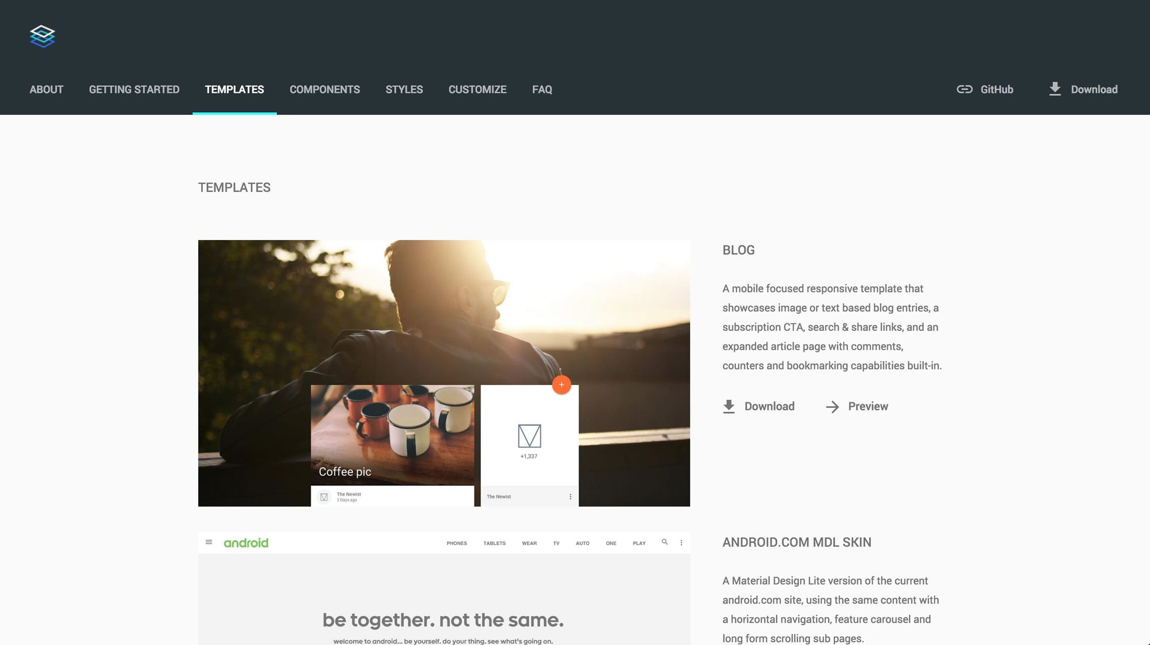 Material Design Lite web sitesi