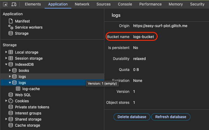 Chrome DevTools inspecting the IndexedDB section. There are two logs databases, the storage bucket name 