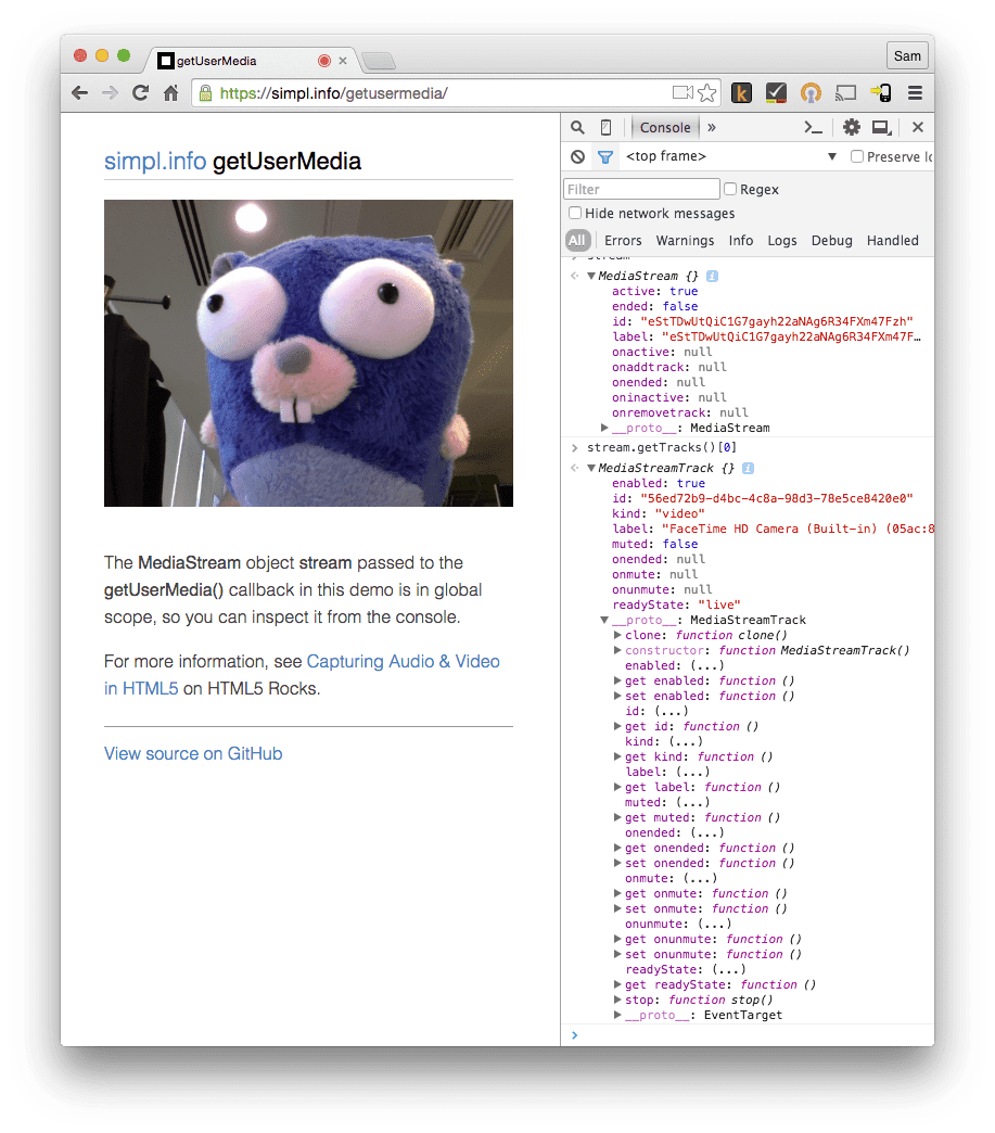 Screenshot von MediaStream und MediaStreamTrack in der Chrome-Entwicklertools-Konsole