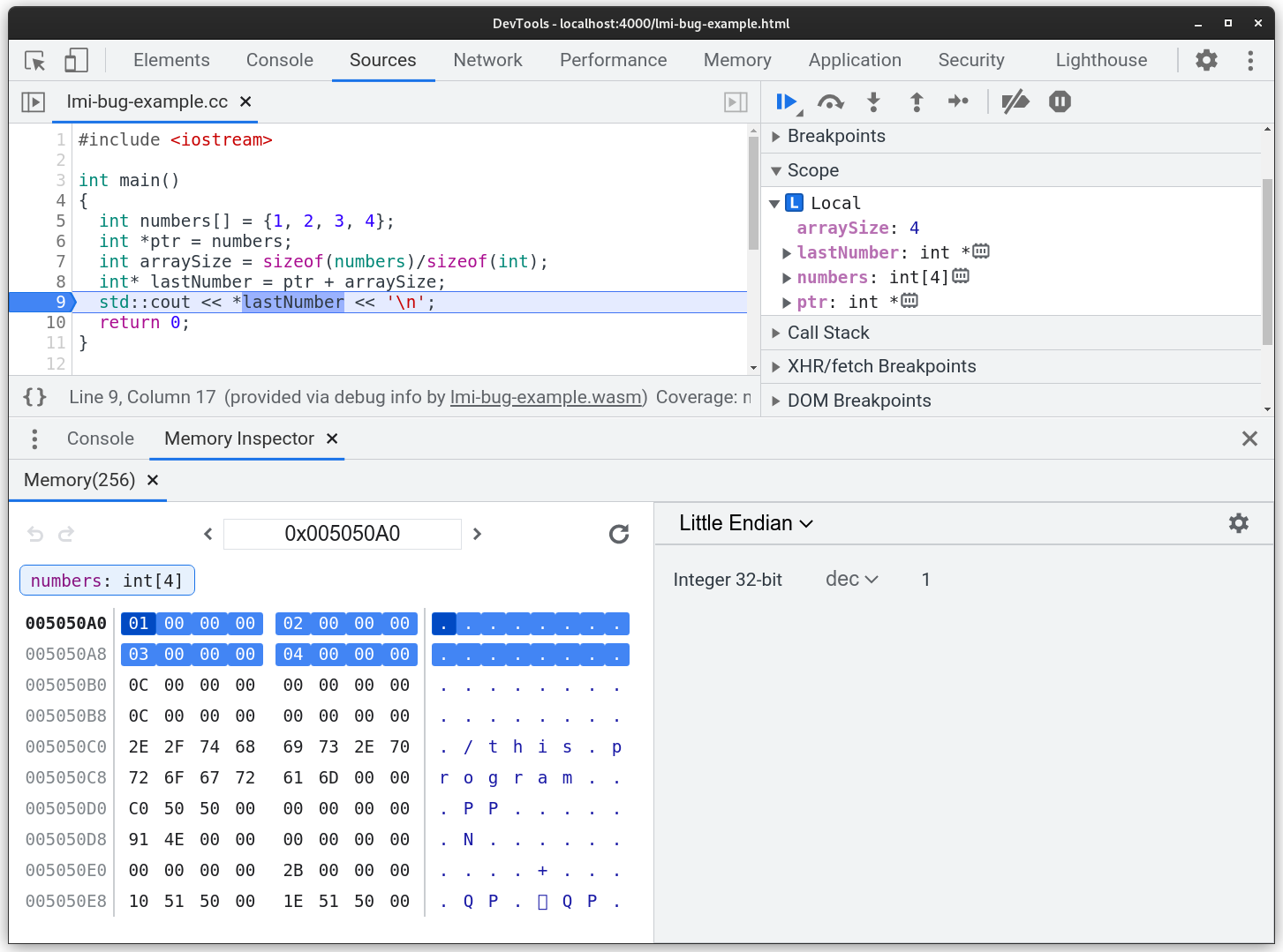 Screenshot des geöffneten Speicherprüftools mit einem geprüften int32-Array Alle Arrayelemente werden hervorgehoben.